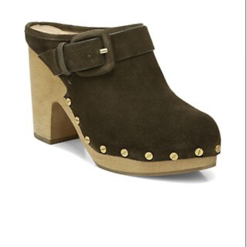 Veronica Beard Cocoa‎ Suede Wooden Platform Clog Mules with Studs Buckle